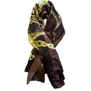 Vintage Silk Scarf Square 34" Brown & Gold Chain Royal Design Jewelry 100% Silk